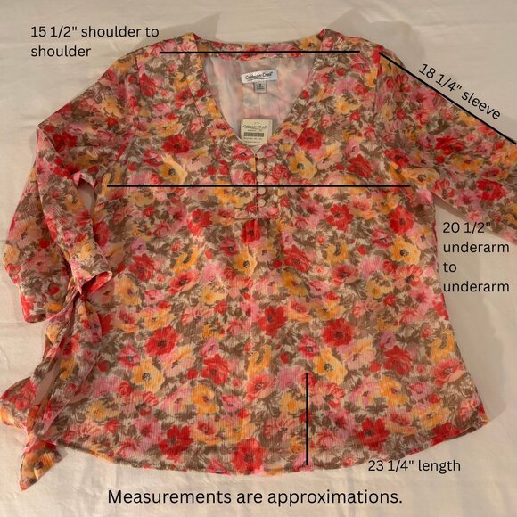 Coldwater Creek Floral Chiffon Blouse Sheer Lined V-Neck Tie Sleeve Spring Sz M - Picture 16 of 16